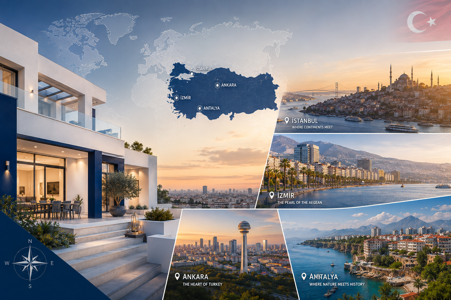 Map of Turkey highlighting Istanbul, Ankara, Izmir and Antalya property regions alongside a modern villa